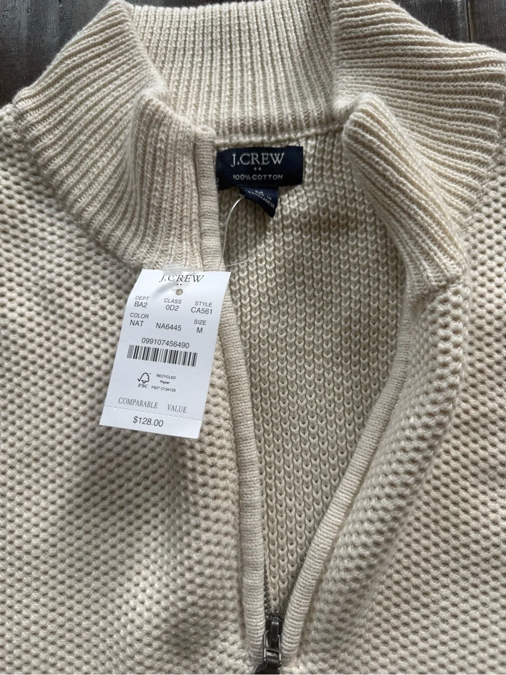 J. Crew Men's NWT Beige 100% Cotton Knit 1/4 Zip Mock Neck Pullover Sweater M